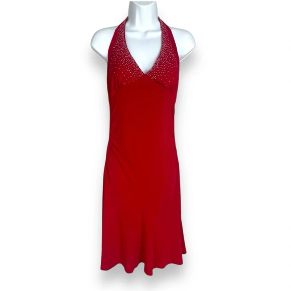 Ruby Rox Red Halter Neck Rhinestone Embellished Dress, Size L, Evening Partywear - Picture 11 of 11